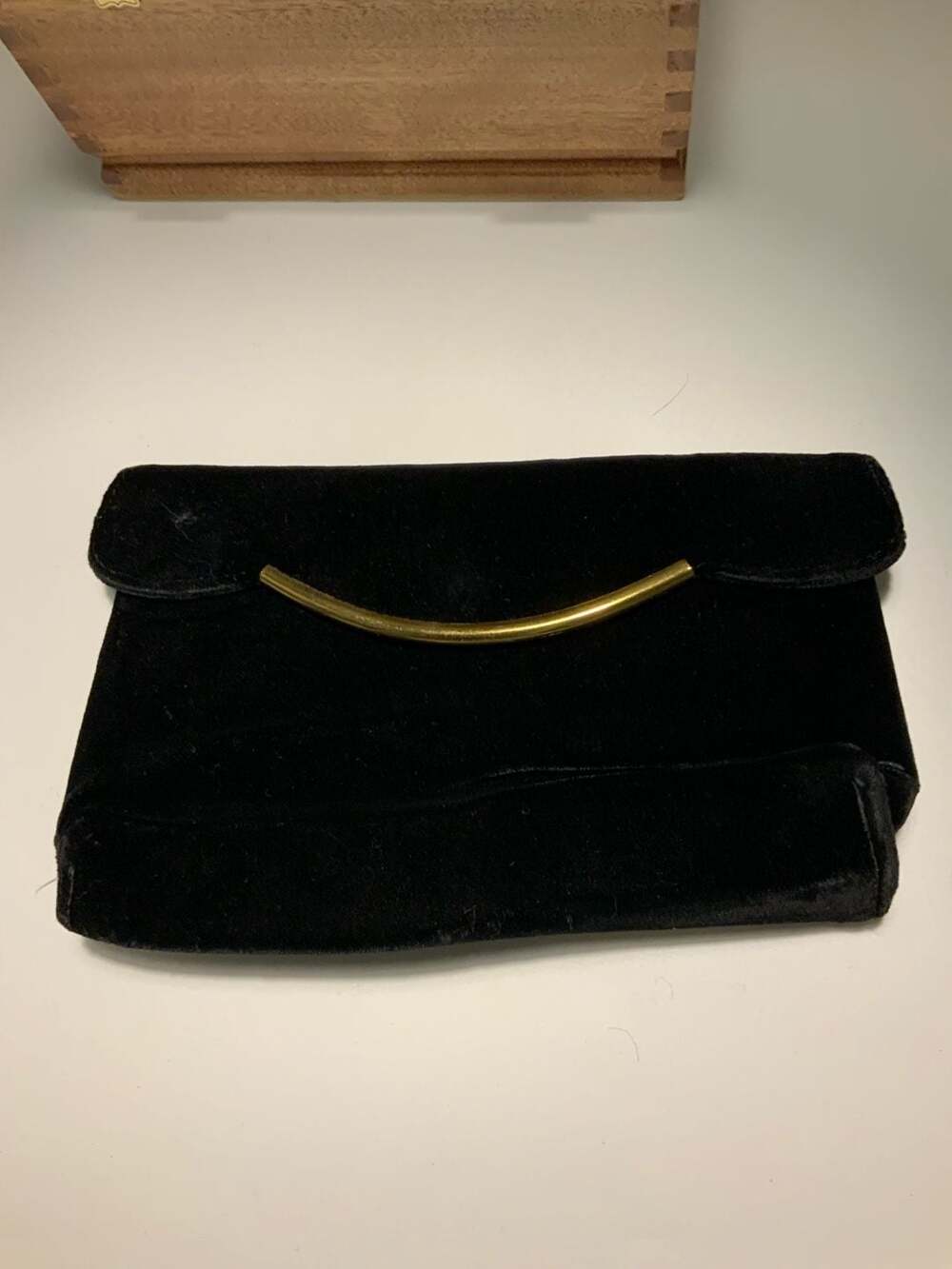 Vintage 1950s Black Velvet Fold Over Clutch with Gold Bar Handle